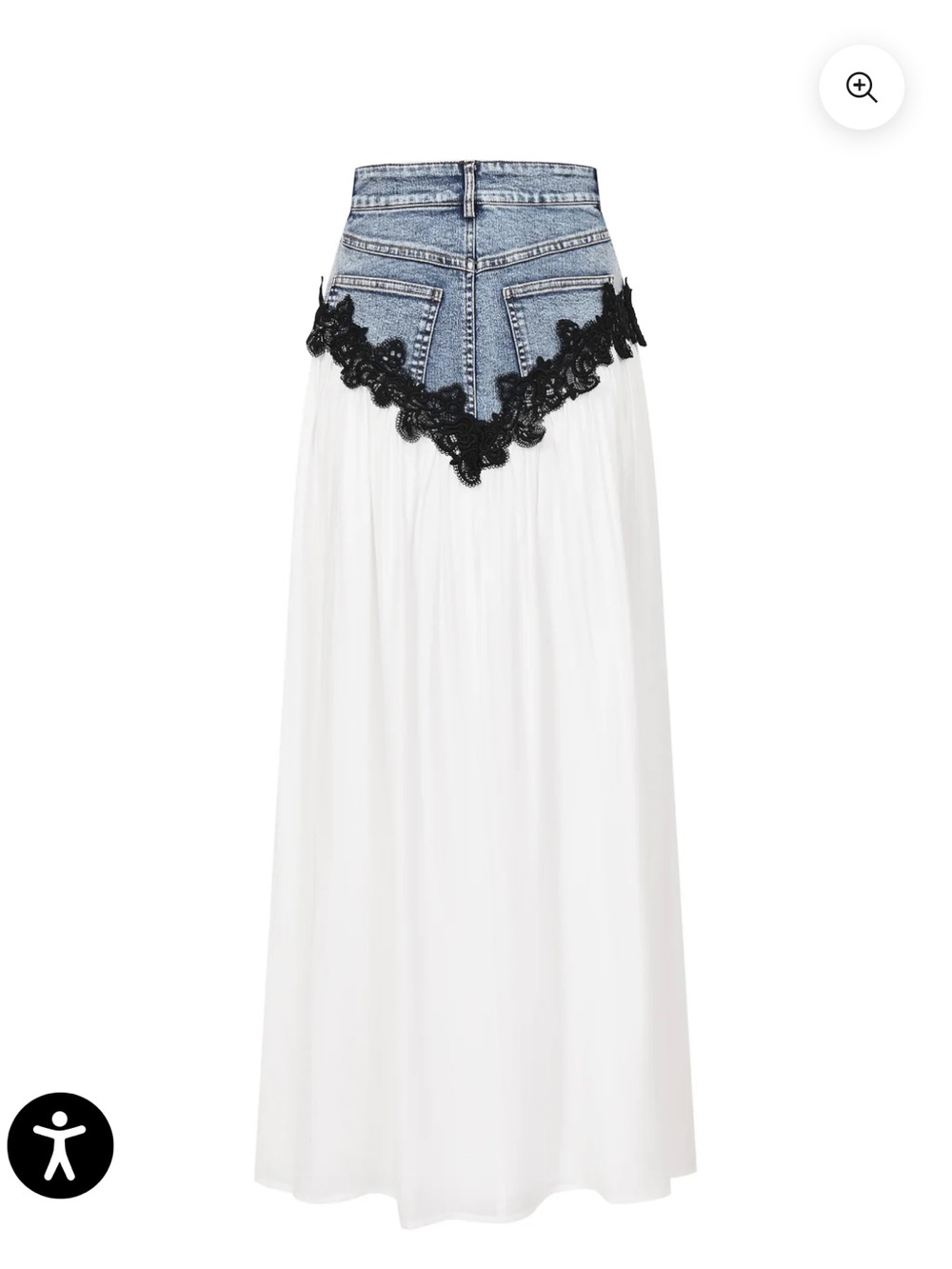 White Maxi Skirt with Denim Waist and Black Lace Trim